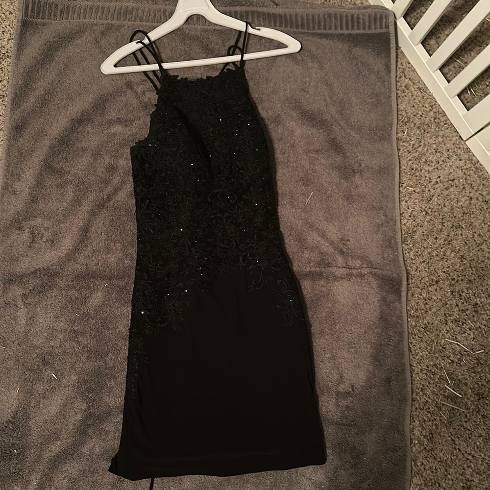 Mini bejeweled black dress with corset back and sheer bodice in XS